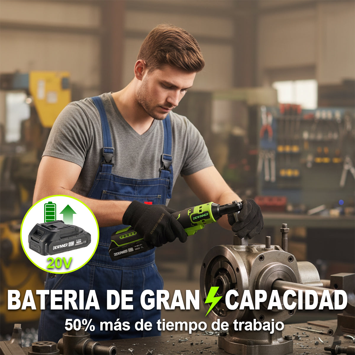 DEWINNER Matraca De Impacto Eléctricas, 20V Pistolas Llave De Impacto Inalámbricas , Llave de Impacto Con 2.0Ah Batería, 65N.m Y 7 Enchufes