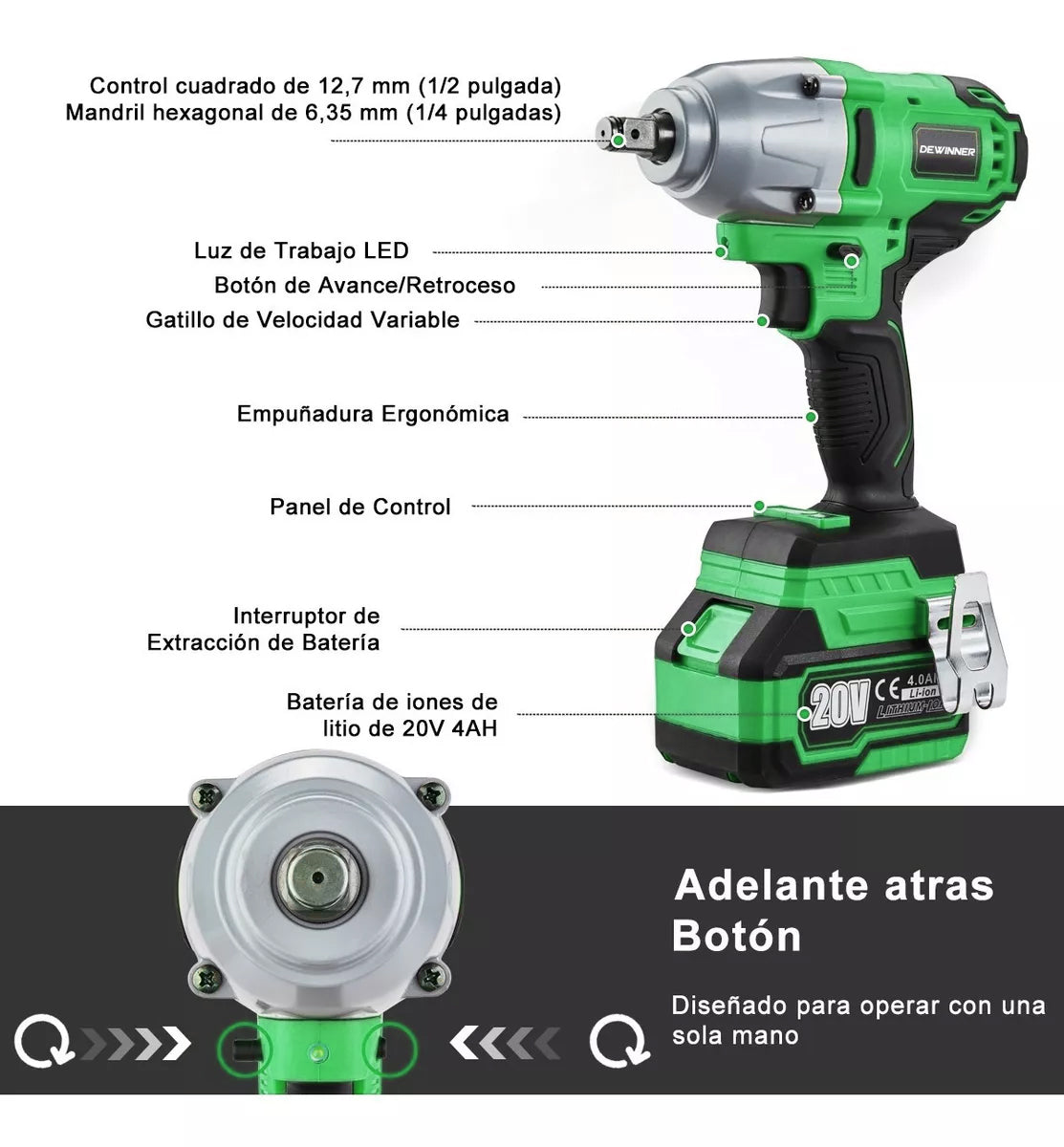 Llave De Impacto Inalámbrica DEWINNER 3758 2batería 4.0ah