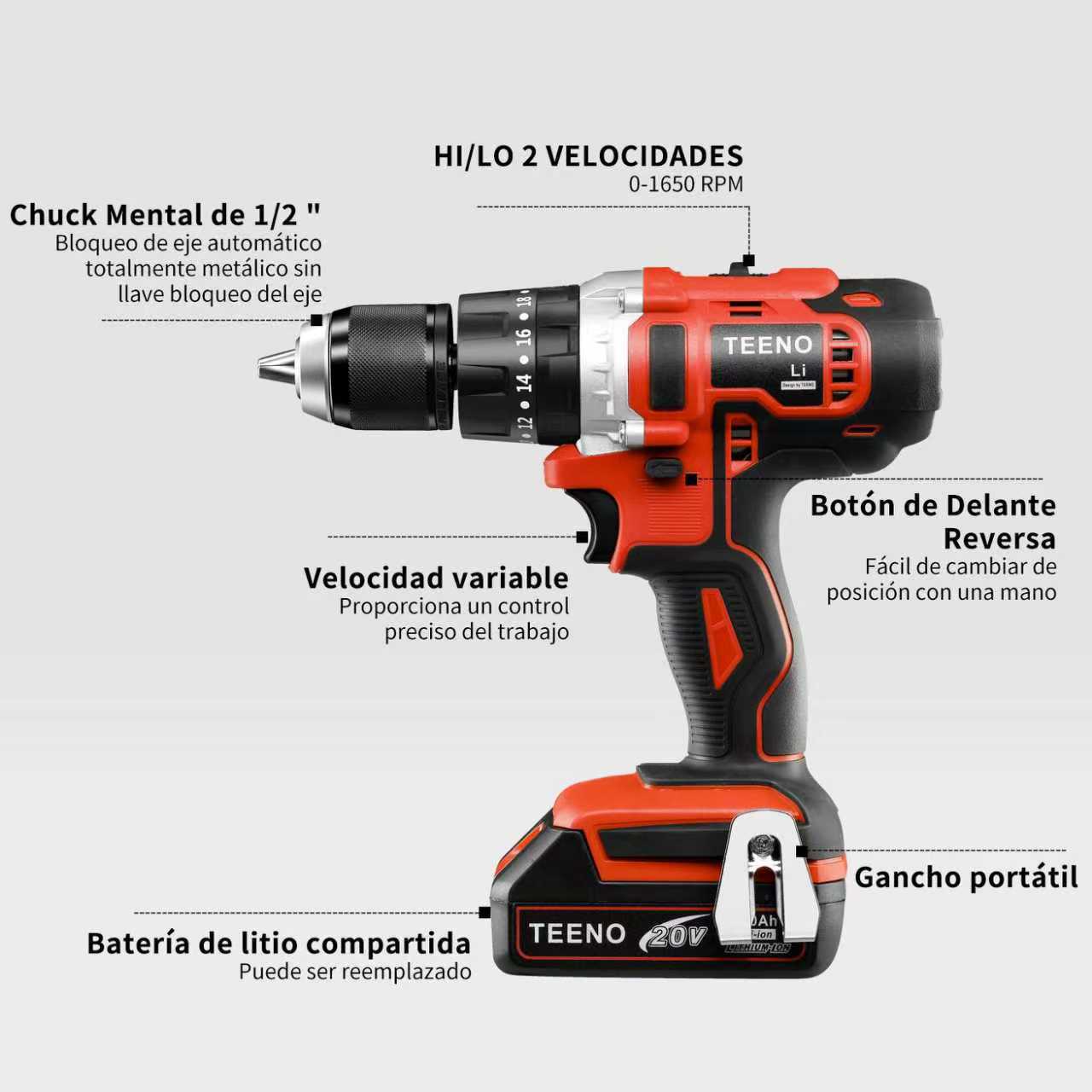 Taladro Rotomartillo 1/2 Pulgadas 2*2.0ah 20v Baterias Teeno