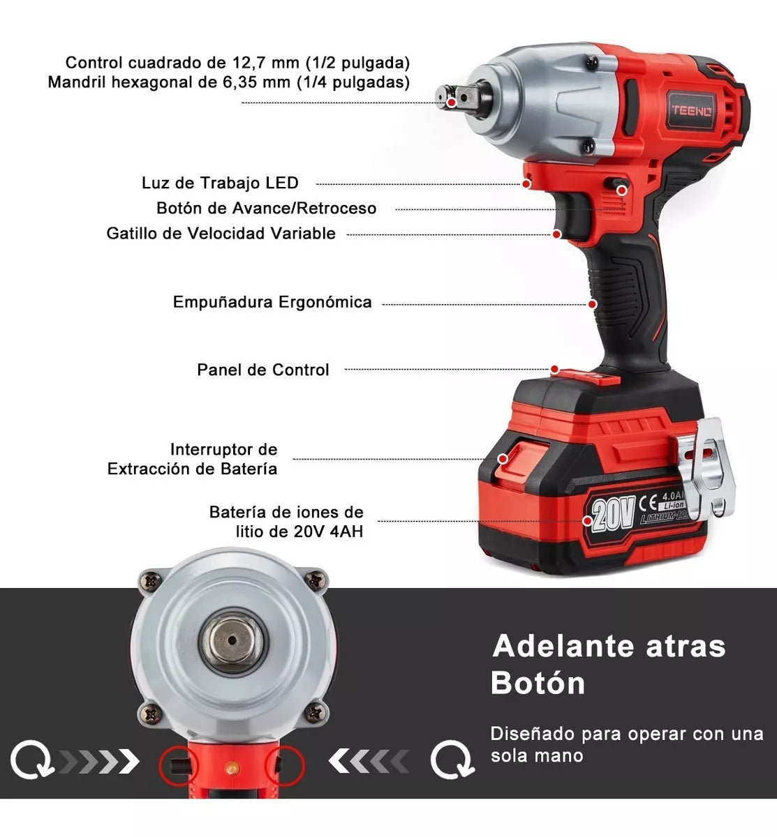 Llave De Impacto Inalámbrica600 Nm Teeno 3758 2batería 4.0ah