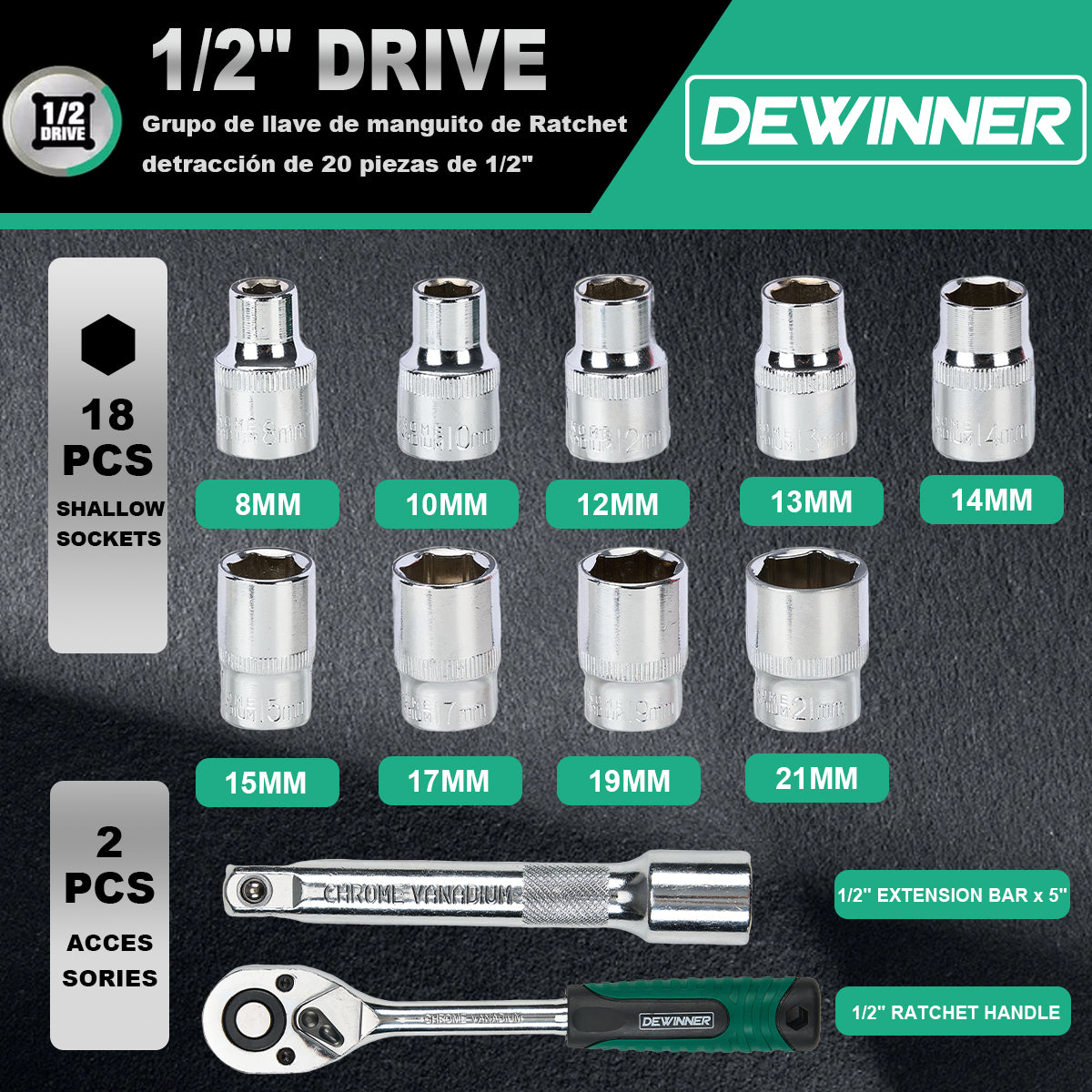 Juego de herramientas profesionales con llave de trinquete DEWINNER de 12 piezas