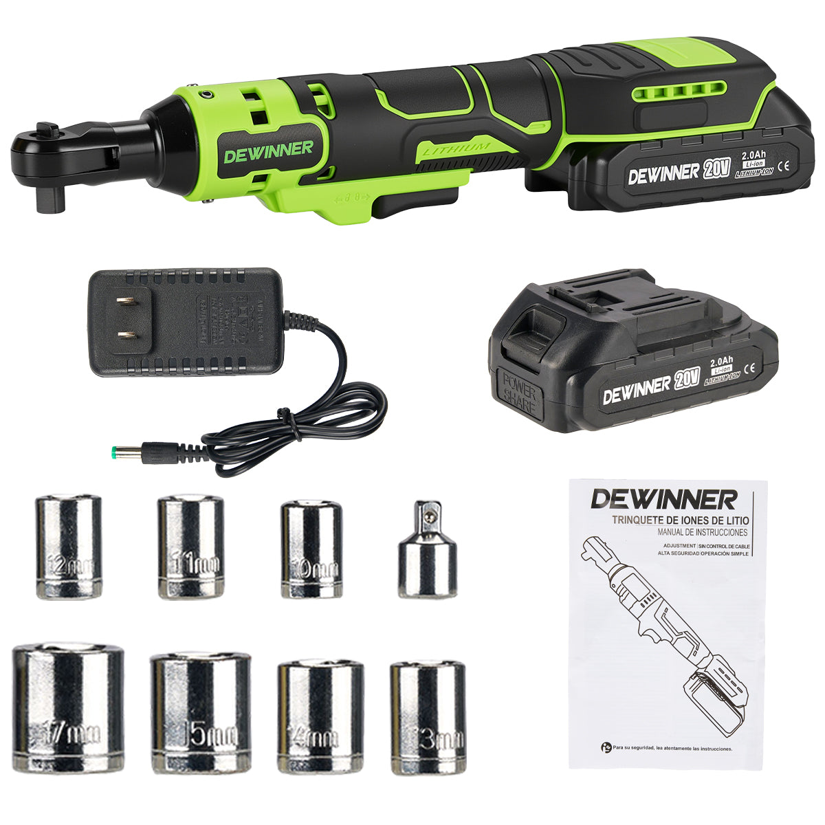 DEWINNER Matraca De Impacto Eléctricas, 20V Pistolas Llave De Impacto Inalámbricas , Llave de Impacto Con 2.0Ah Batería, 65N.m Y 7 Enchufes