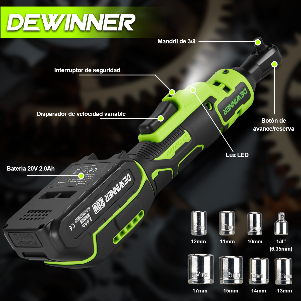 DEWINNER Matraca De Impacto Eléctricas, 20V Pistolas Llave De Impacto Inalámbricas , Llave de Impacto Con 2.0Ah Batería, 65N.m Y 7 Enchufes