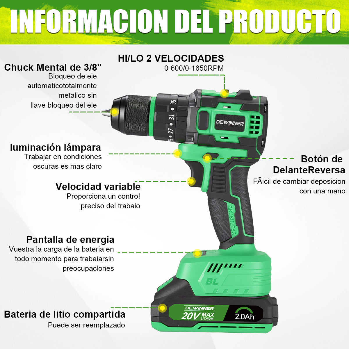 Taladro eléctrico inalámbrico sin escobillas DEWINNER de 20 V