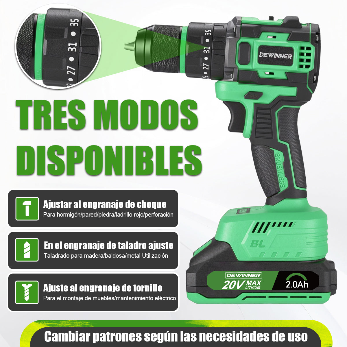 Taladro eléctrico inalámbrico sin escobillas DEWINNER de 20 V