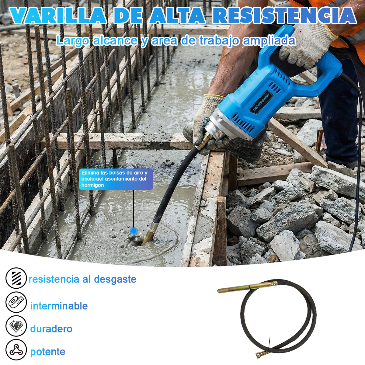 Vibrador De Hormigón Portátil Con Varilla Vibratoria De 1.5 Metros 1200w Dewinner