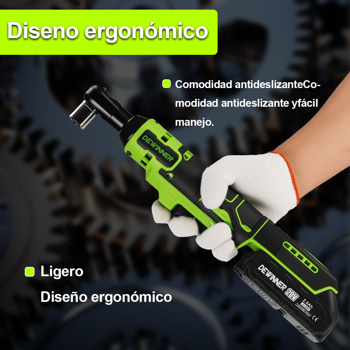 DEWINNER Matraca De Impacto Eléctricas, 20V Pistolas Llave De Impacto Inalámbricas , Llave de Impacto Con 2.0Ah Batería, 65N.m Y 7 Enchufes