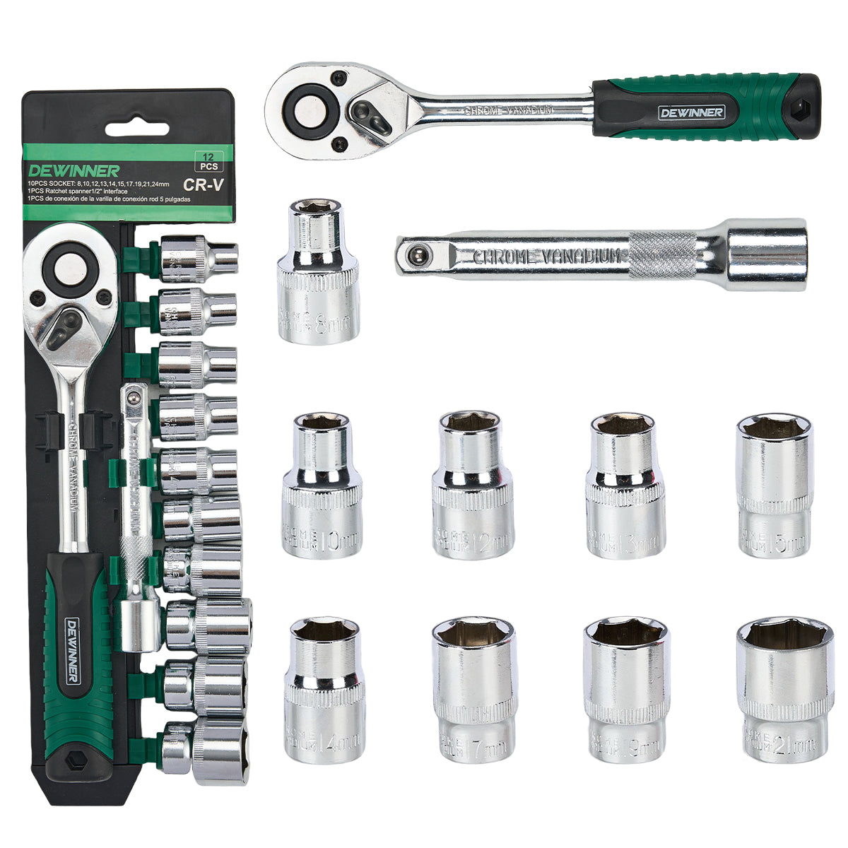 Juego de herramientas profesionales con llave de trinquete DEWINNER de 12 piezas