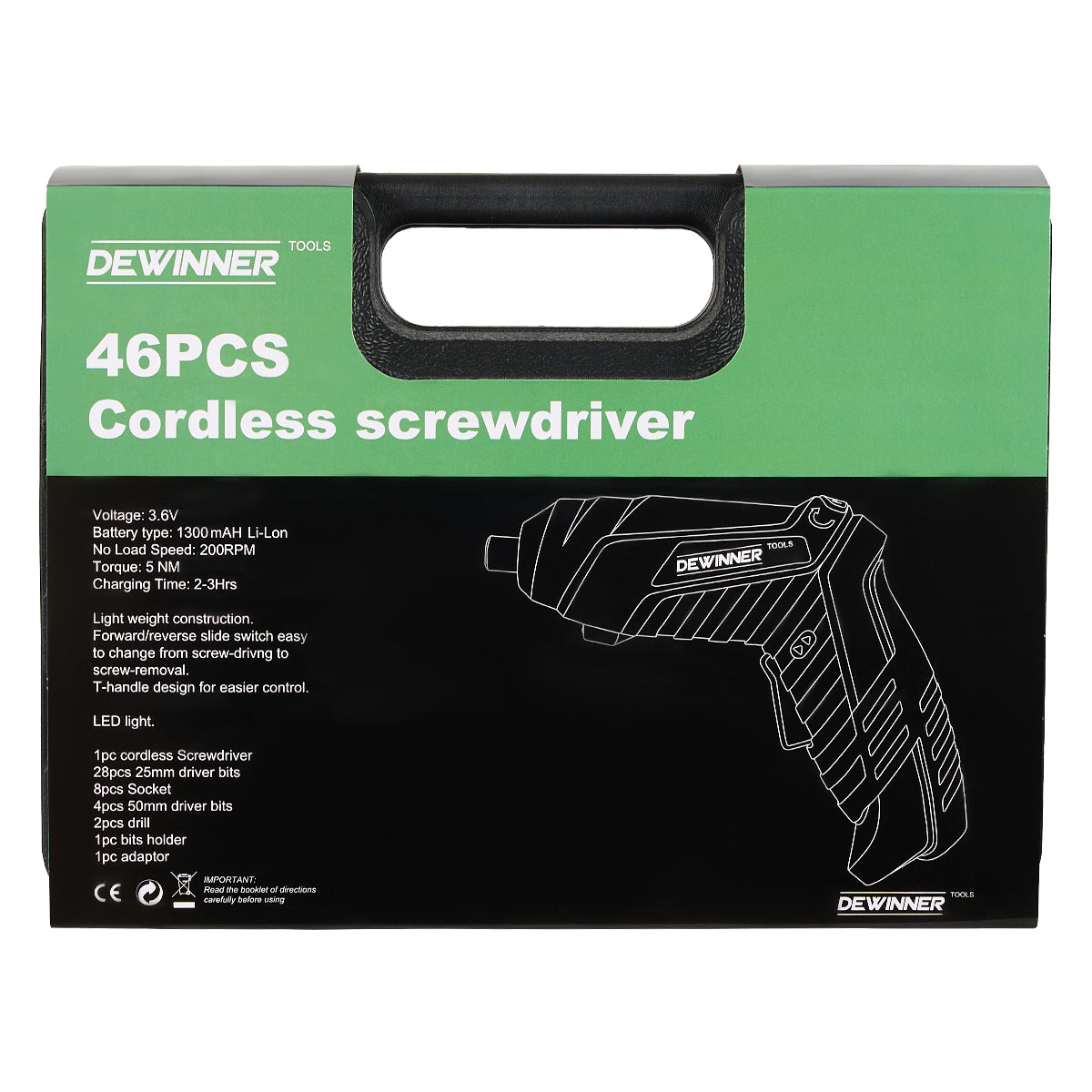 Destornillador inalámbrico DEWINNER 3.6v, juego de 46 piezas