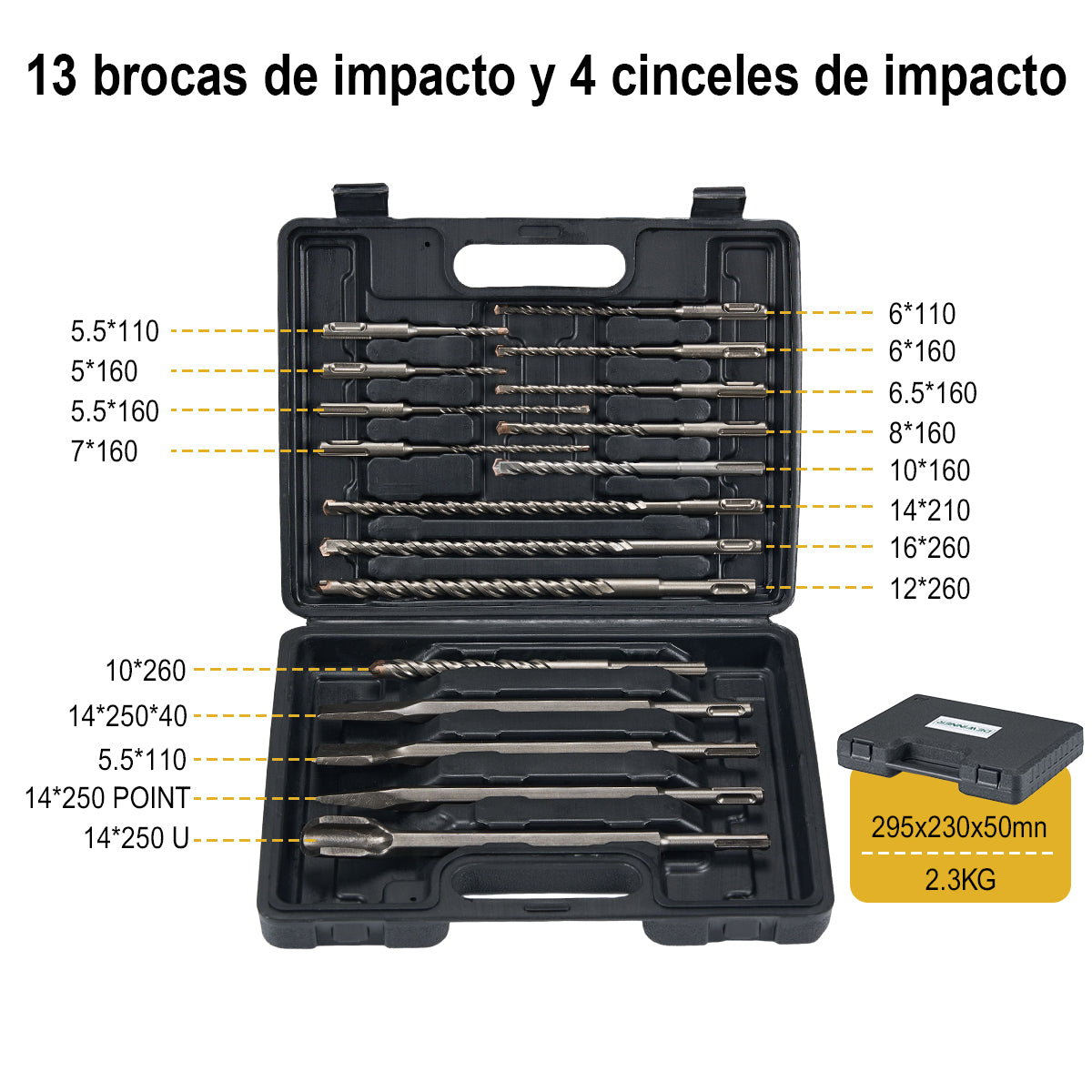 Juego De Brocas Y Cinceles 17 Piezas (Material:carburo De Tungsteno Yg8) Para Rotomartillo Sds Plus Dewinner