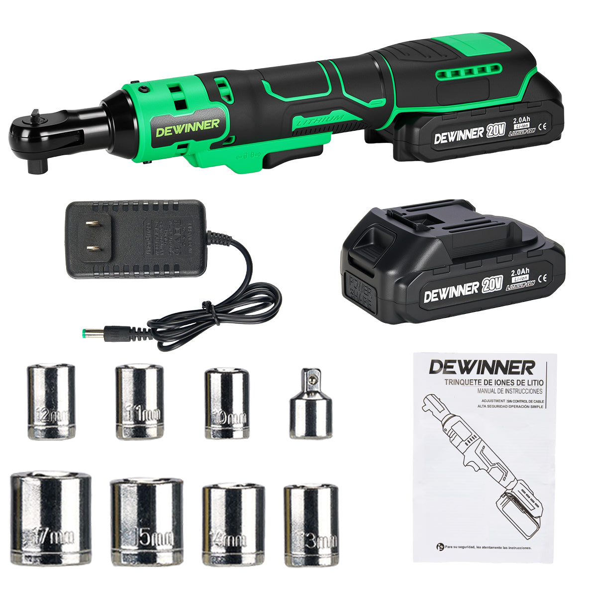 Matraca De Impacto Eléctrica 12.0V Batería, 65Nm Y 7 Dados 3/8 Pulgadas(10Mm-17Mm) Dewinner