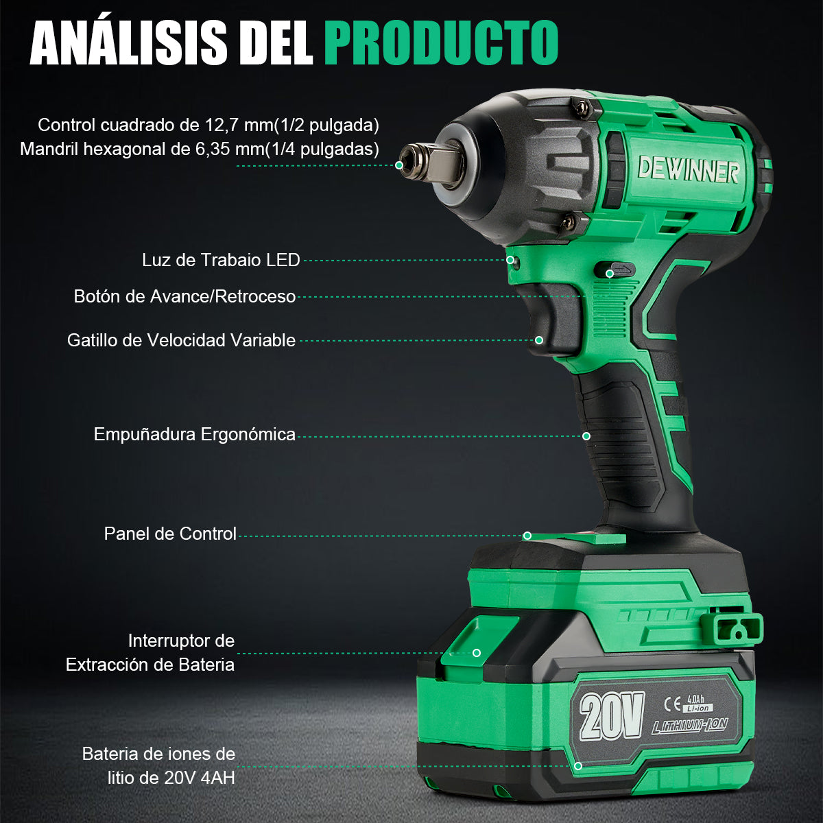 Llave De Impacto Inalámbrica De 1 Dados 320nm 1*4.0a 20v Bateria Dewinner