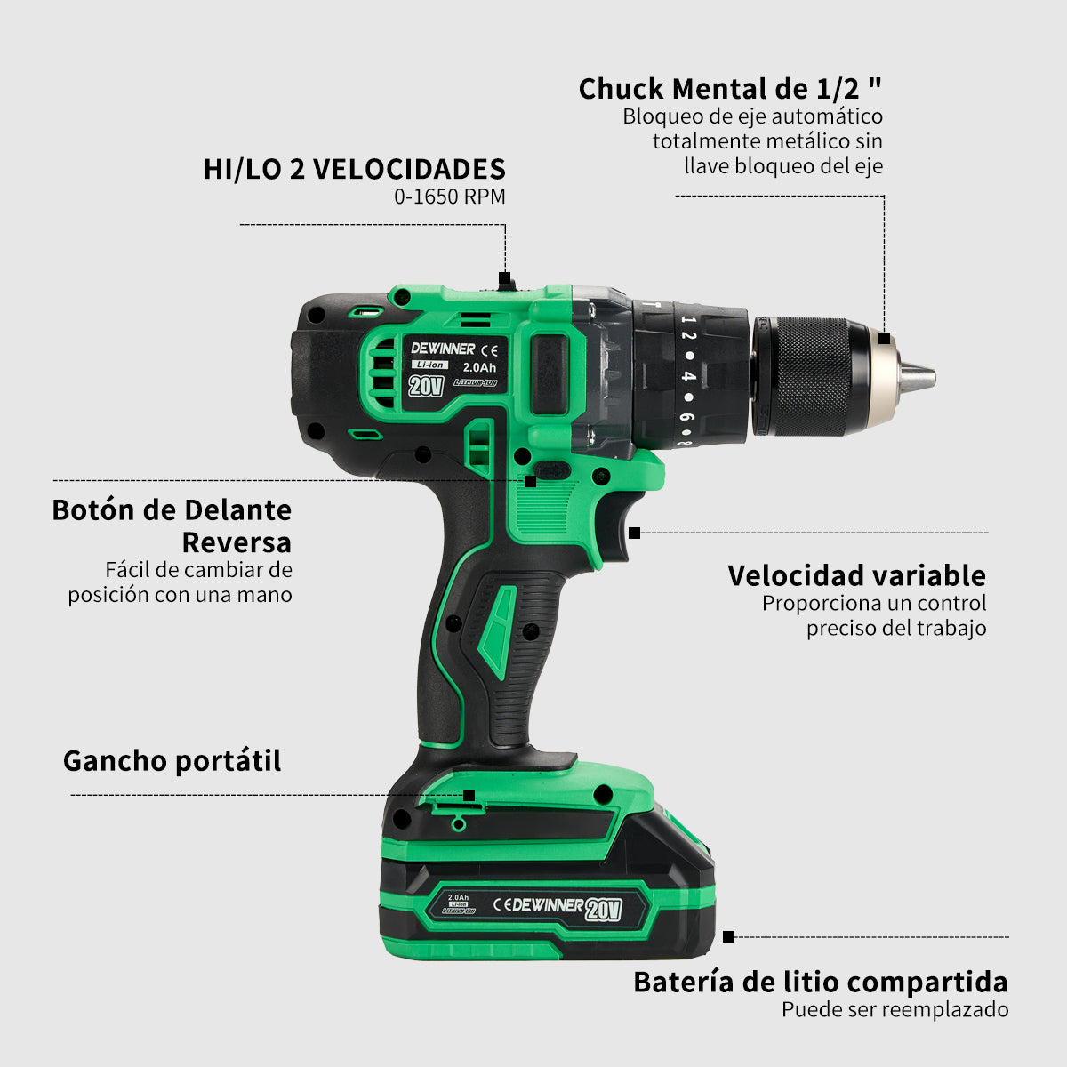 Taladro Rotomartillo 1/2 1*2.0ah Baterias Liti 20v DEWINNER-916