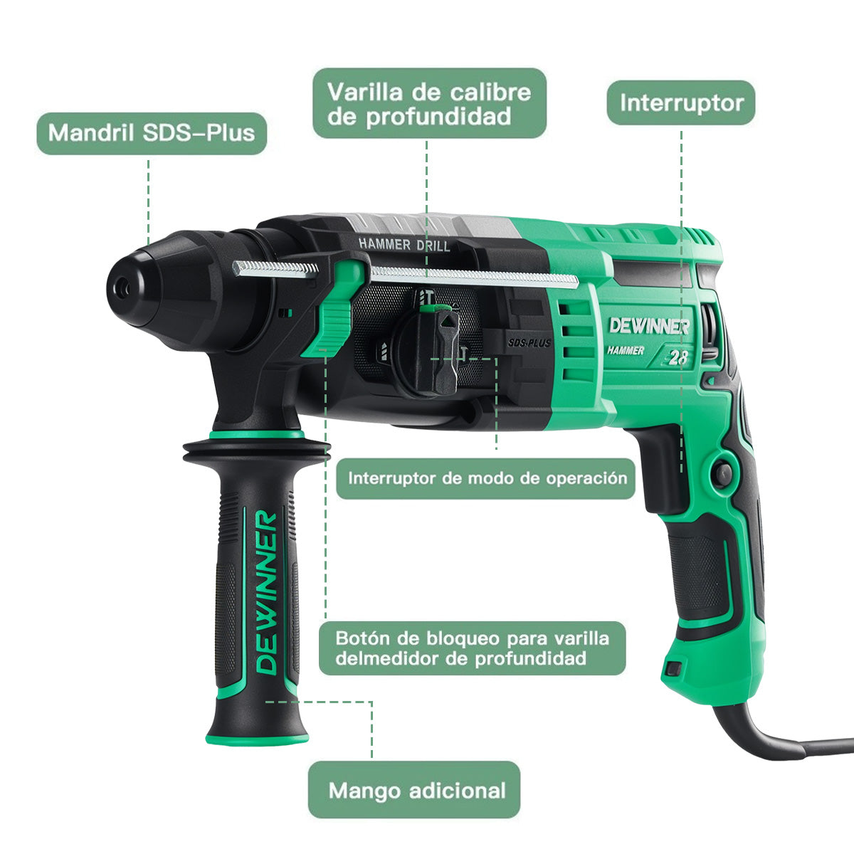 Taladro Rotomartillo Sds Plus 1080w 4 Modos Con 6 Accesorios Profesional Dewinner