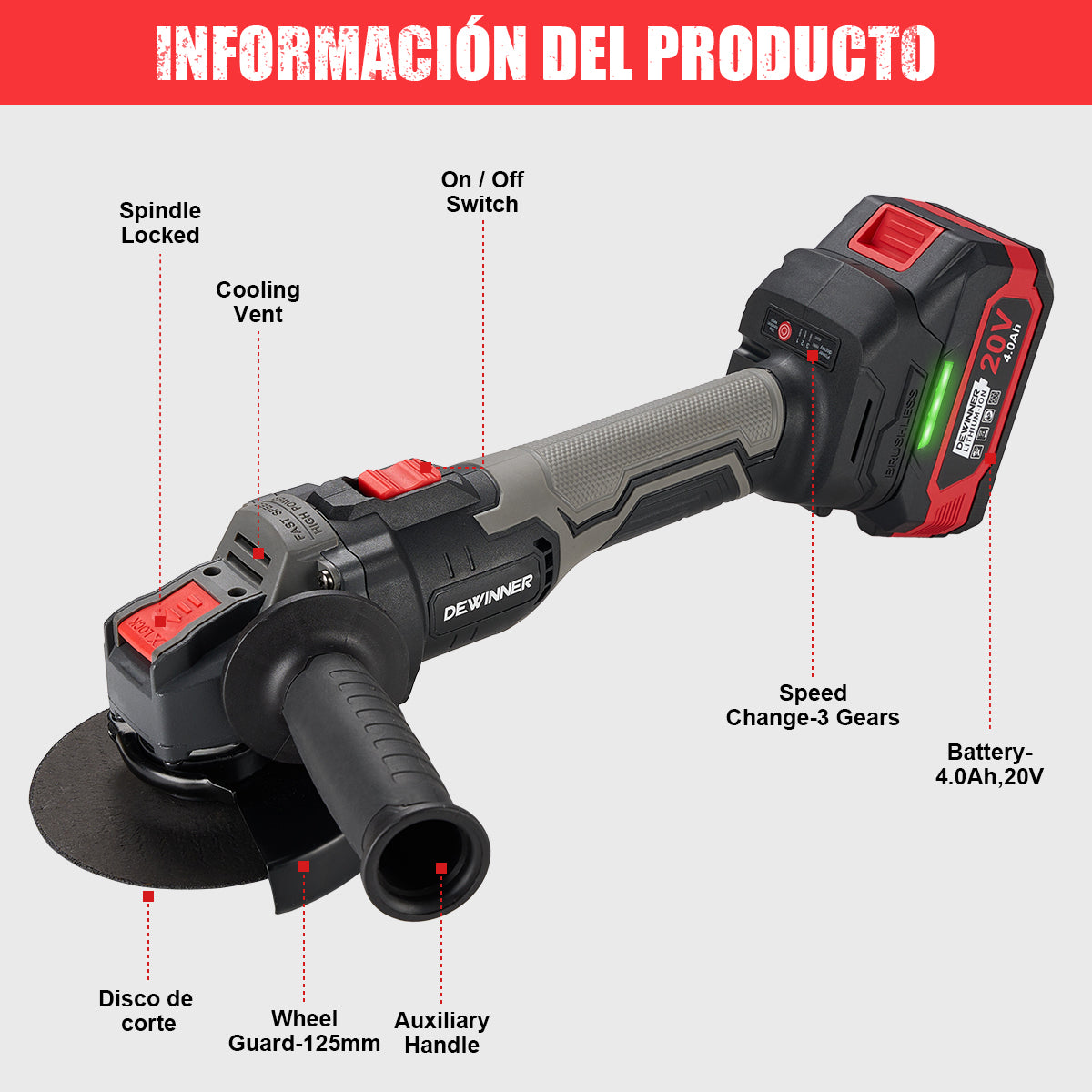 Mini esmeriladora 4-1/2" inalámbrica 20 V JMJ-A5101 Dewinner