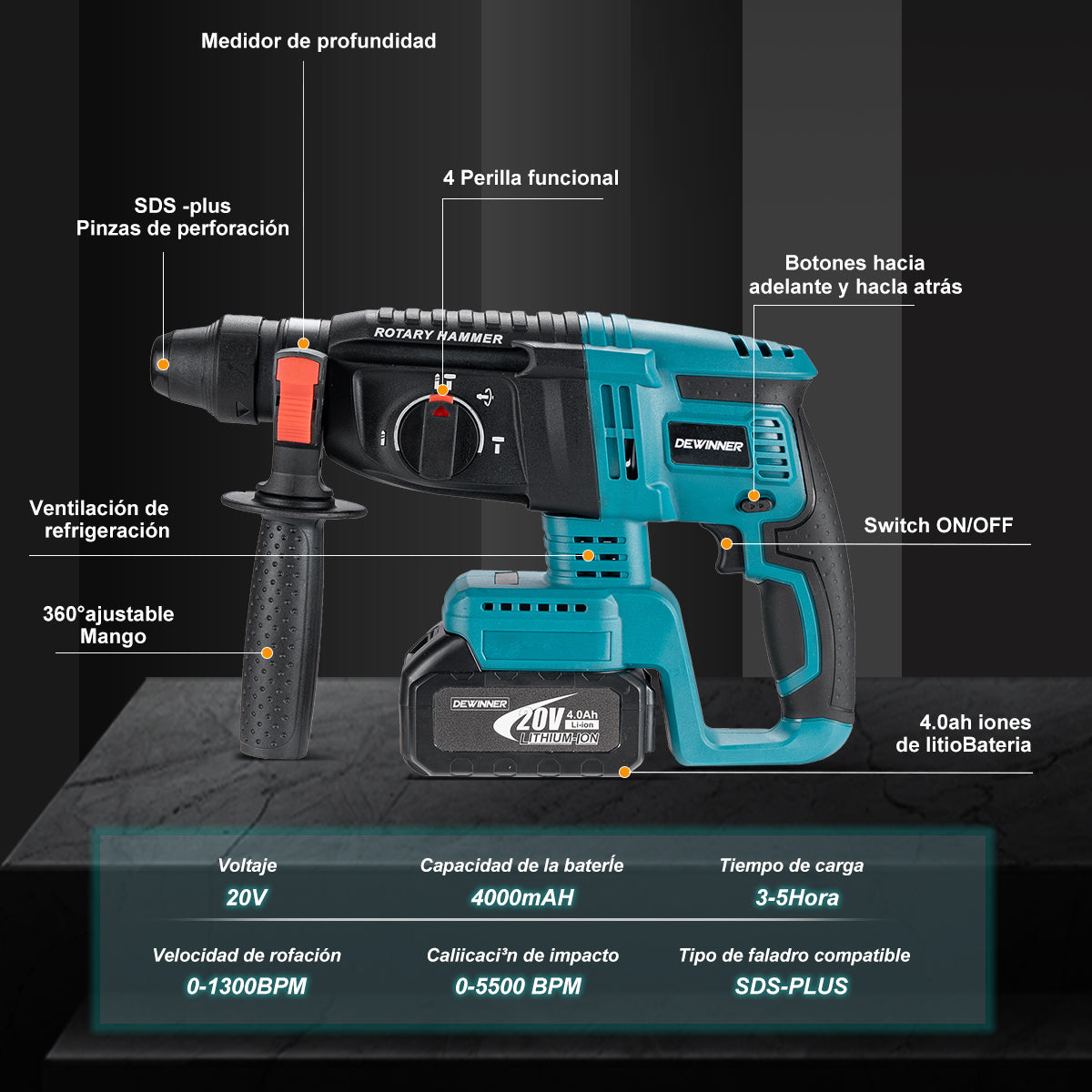 Rotomartillo Inalãmbrico Taladro Sds-plus 20v4ah Dweinner-LDQC2-26