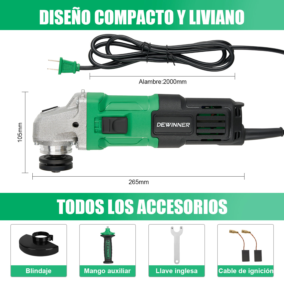 Mini amoladora angular pulidora DEWINNER 750W Verde