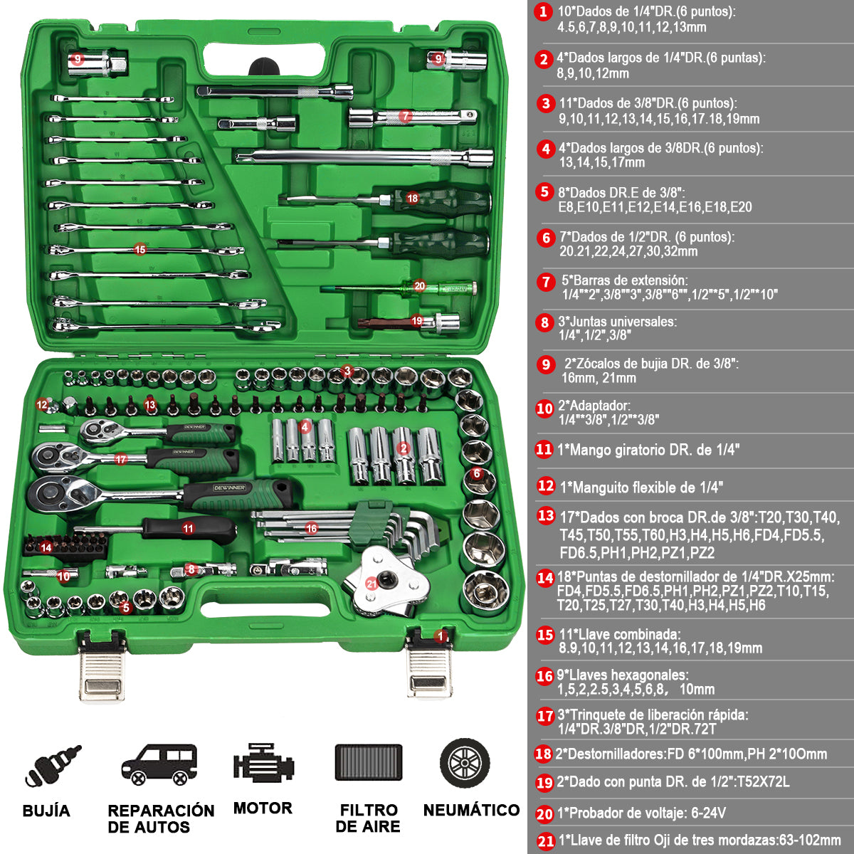 DEWINNER De Herramientas Mecanica Dados Acerokit121 Pzas