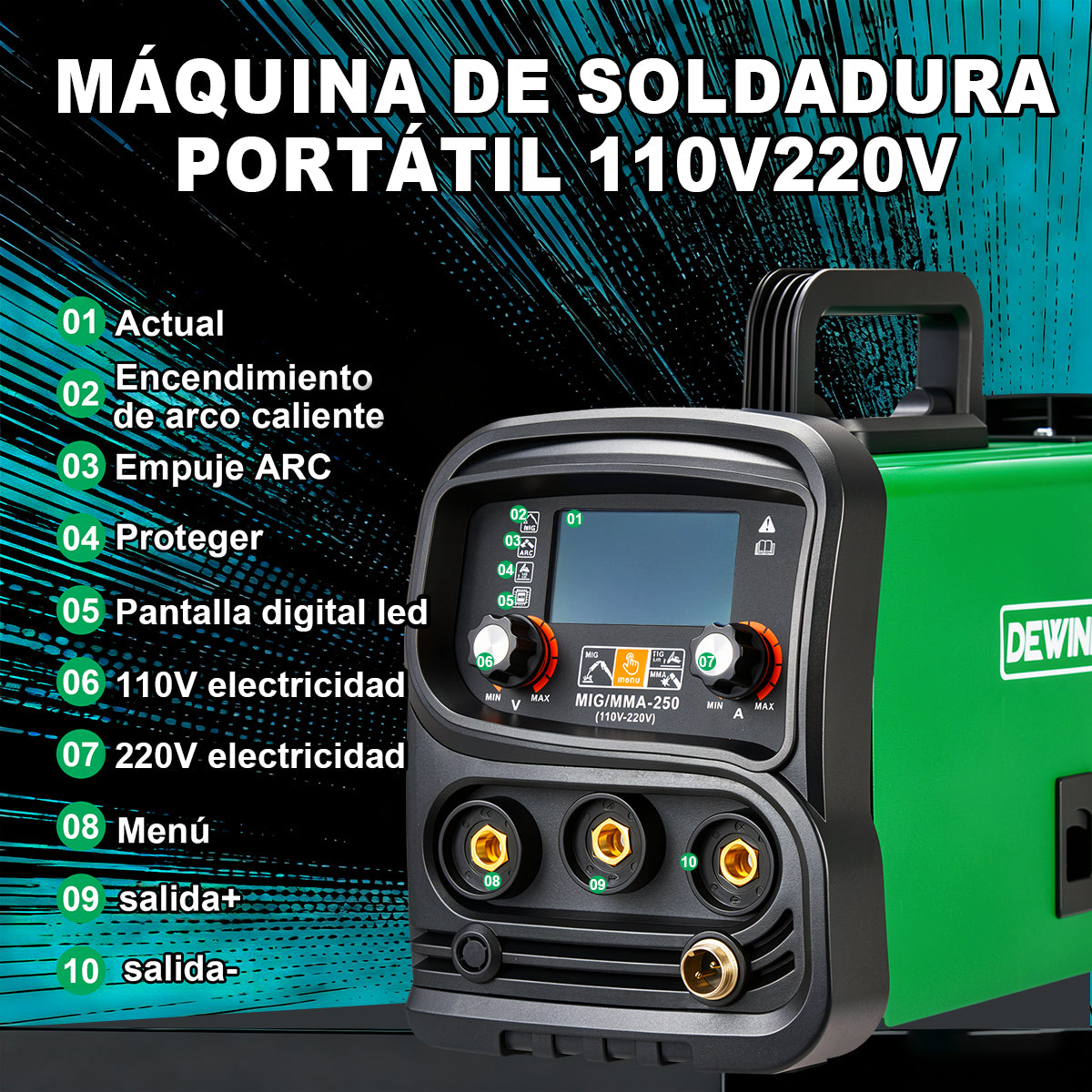 Máquina De Soldar Profesional Dewinner – MIG/MMA-250 (110V–220V)