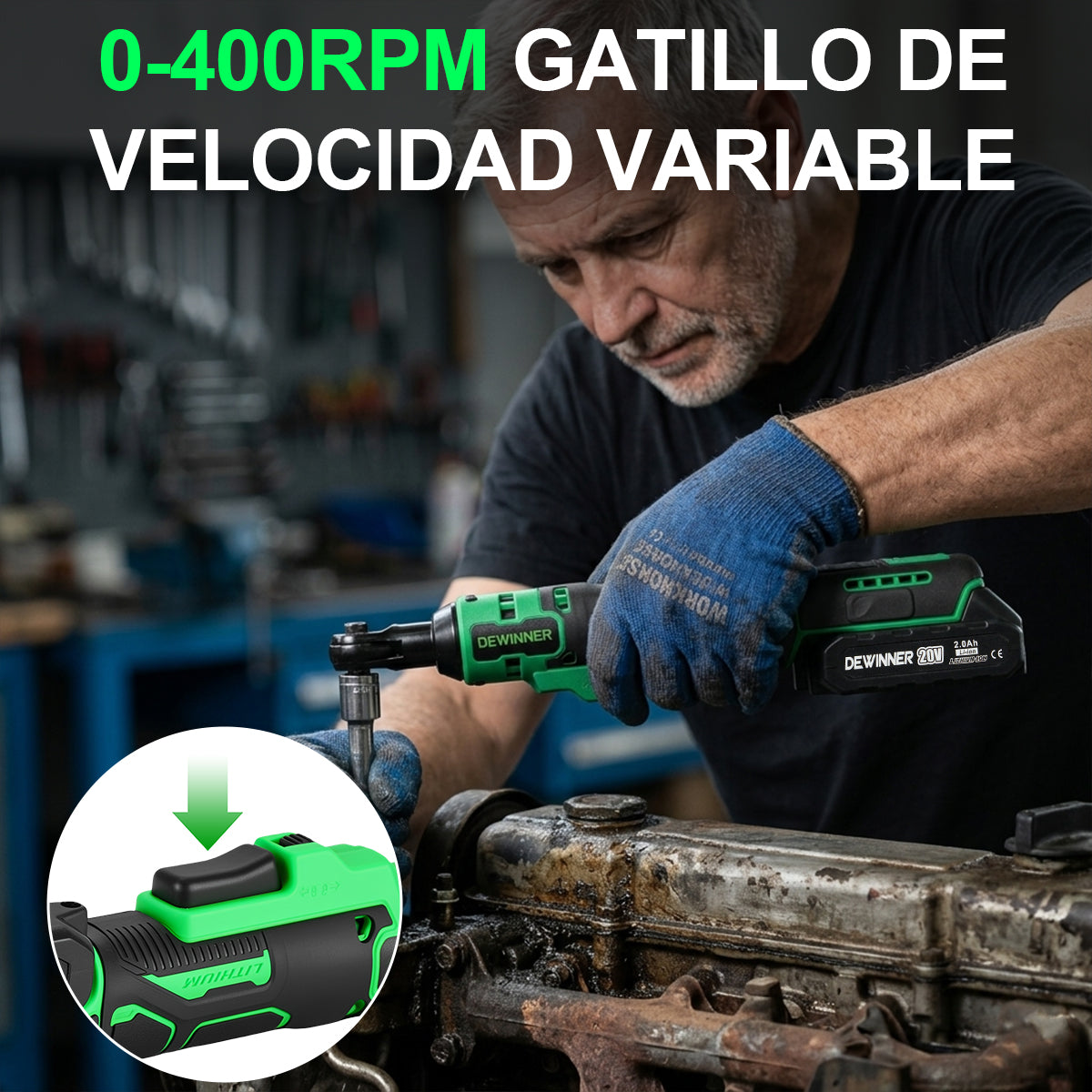 Matraca De Impacto Eléctrica 12.0V Batería, 65Nm Y 7 Dados 3/8 Pulgadas(10Mm-17Mm) Dewinner