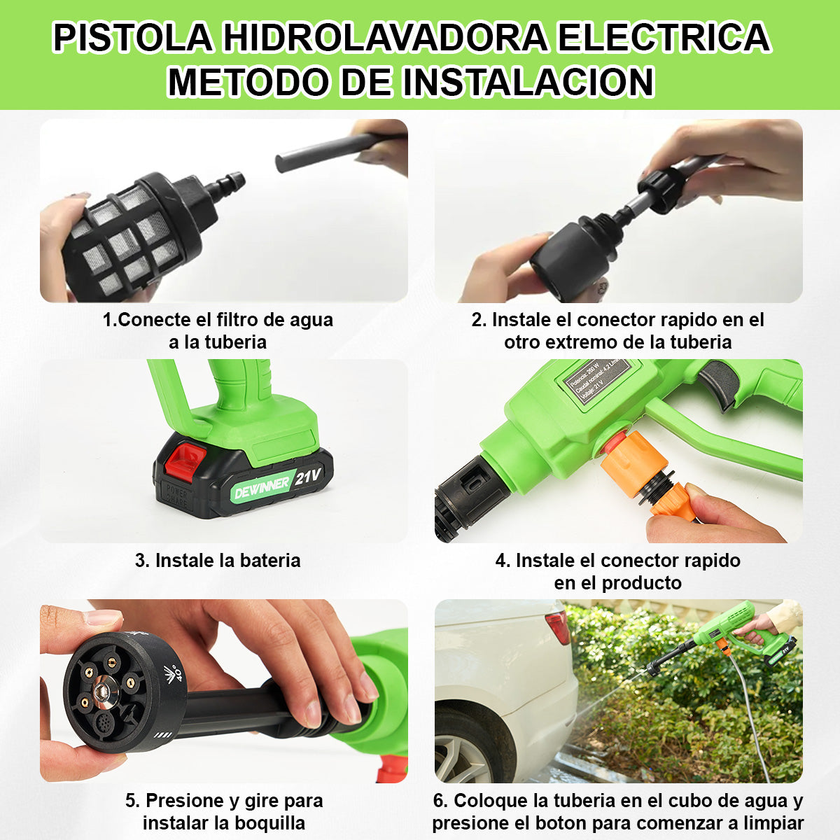 Hidrolavadora Inalambrica 21v Bateria ,6 En 1 Boquilla ,Manguera De 5m ,4.5l/m 280w Dewinner