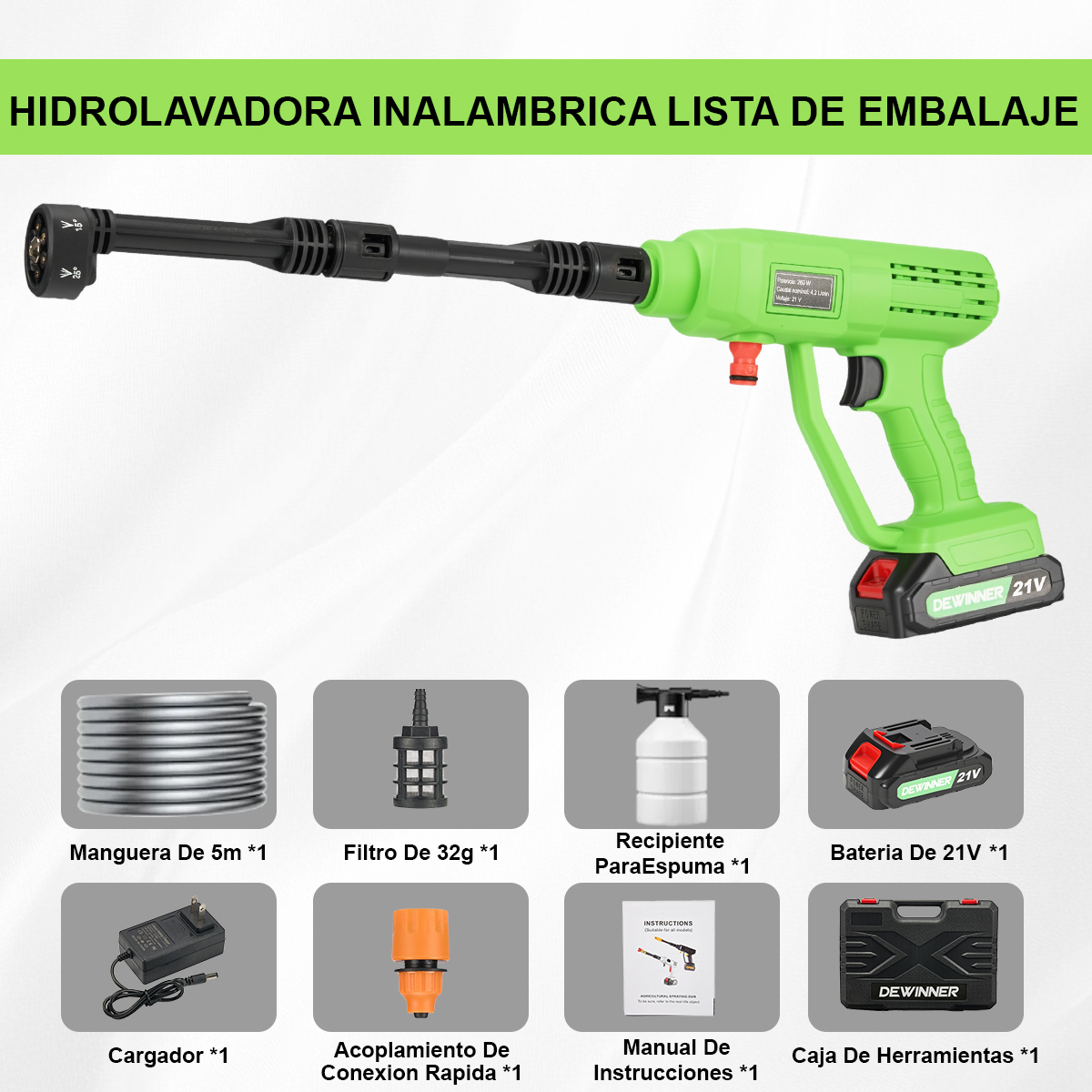Hidrolavadora Inalambrica 21v Bateria ,6 En 1 Boquilla ,Manguera De 5m ,4.5l/m 280w Dewinner