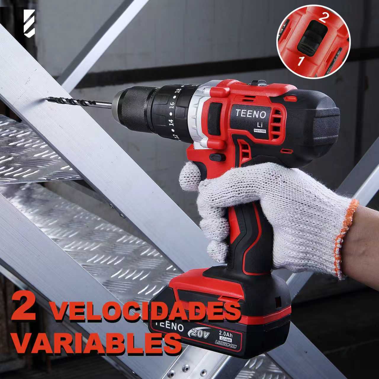 Taladro Rotomartillo 1/2 Pulgadas 2*2.0ah 20v Baterias Teeno