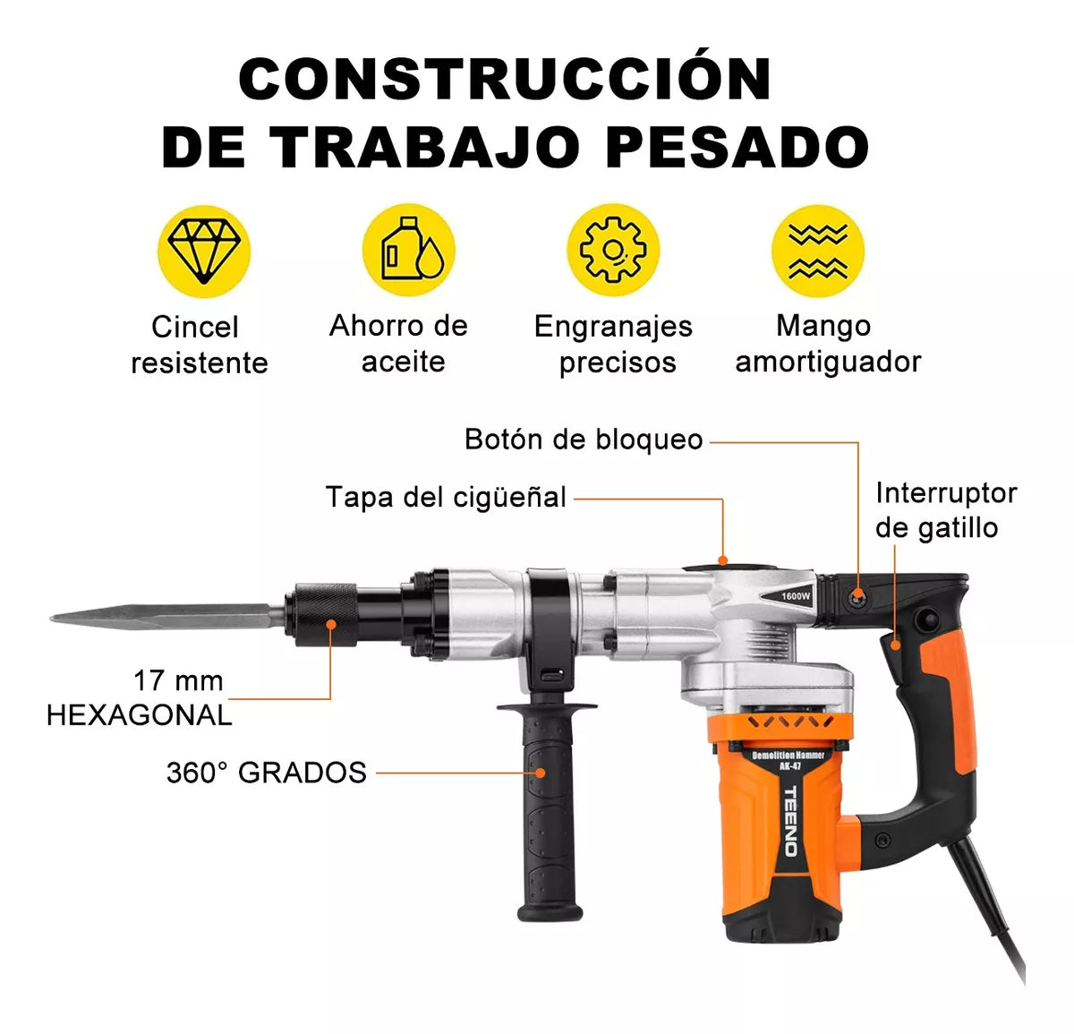 Martillo Demoledor Cincelador Teeno Hex.17 1600w 18j Ak-47