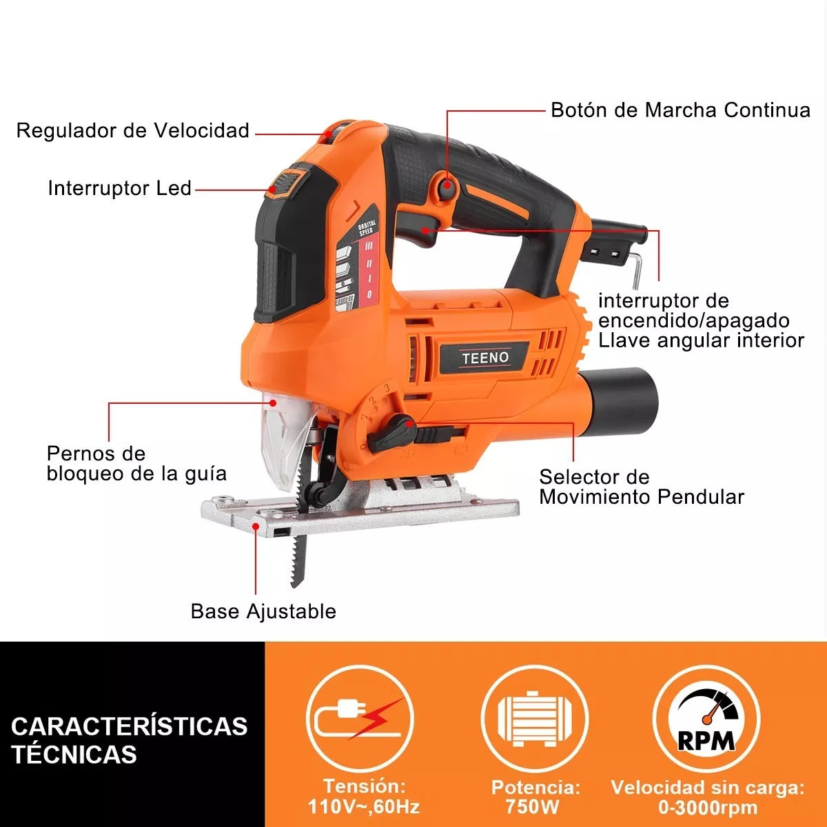 Sierra Caladora Js6501 750w Teeno 5pieza (s) Cuchi Led