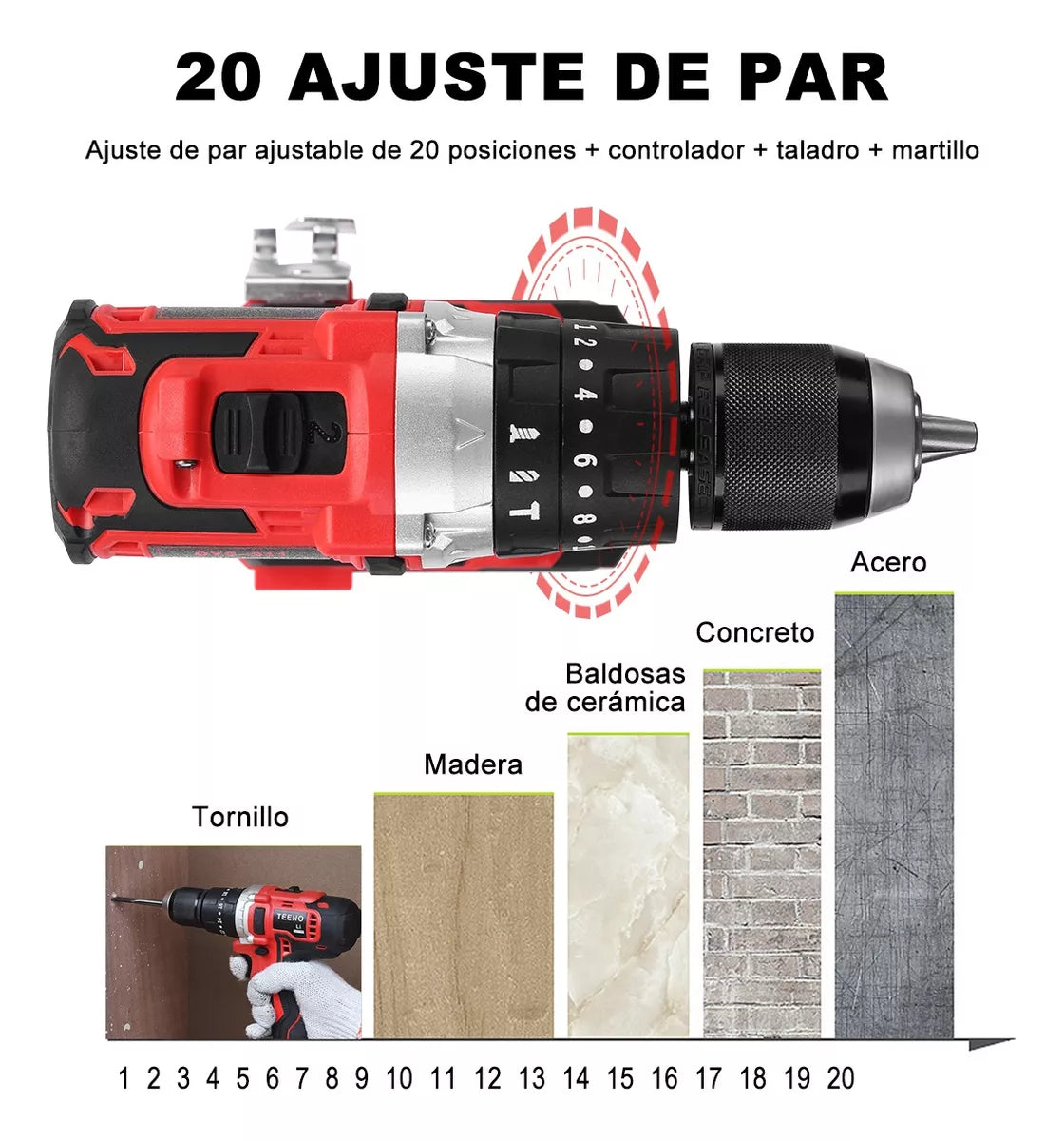 COMBO INALÁMBRICO DE 20V ROTOMARTILLO 911 + LLAVE DE IMPACTO 3799 + MINI ESMERILADORA 2231 TEENO