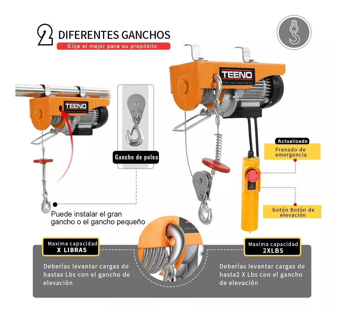 Polipasto Eléctrico Teeno De Carga De 200 Kilos, 12 M, 110v