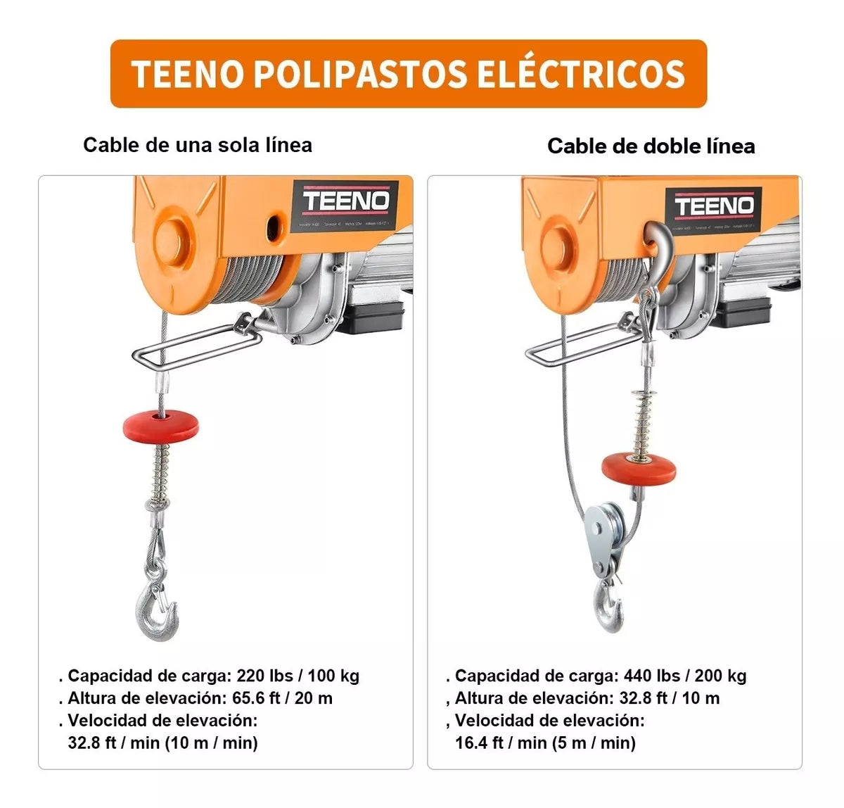 Polipasto Eléctrico Teeno De Carga De 200 Kilos, 12 M, 110v