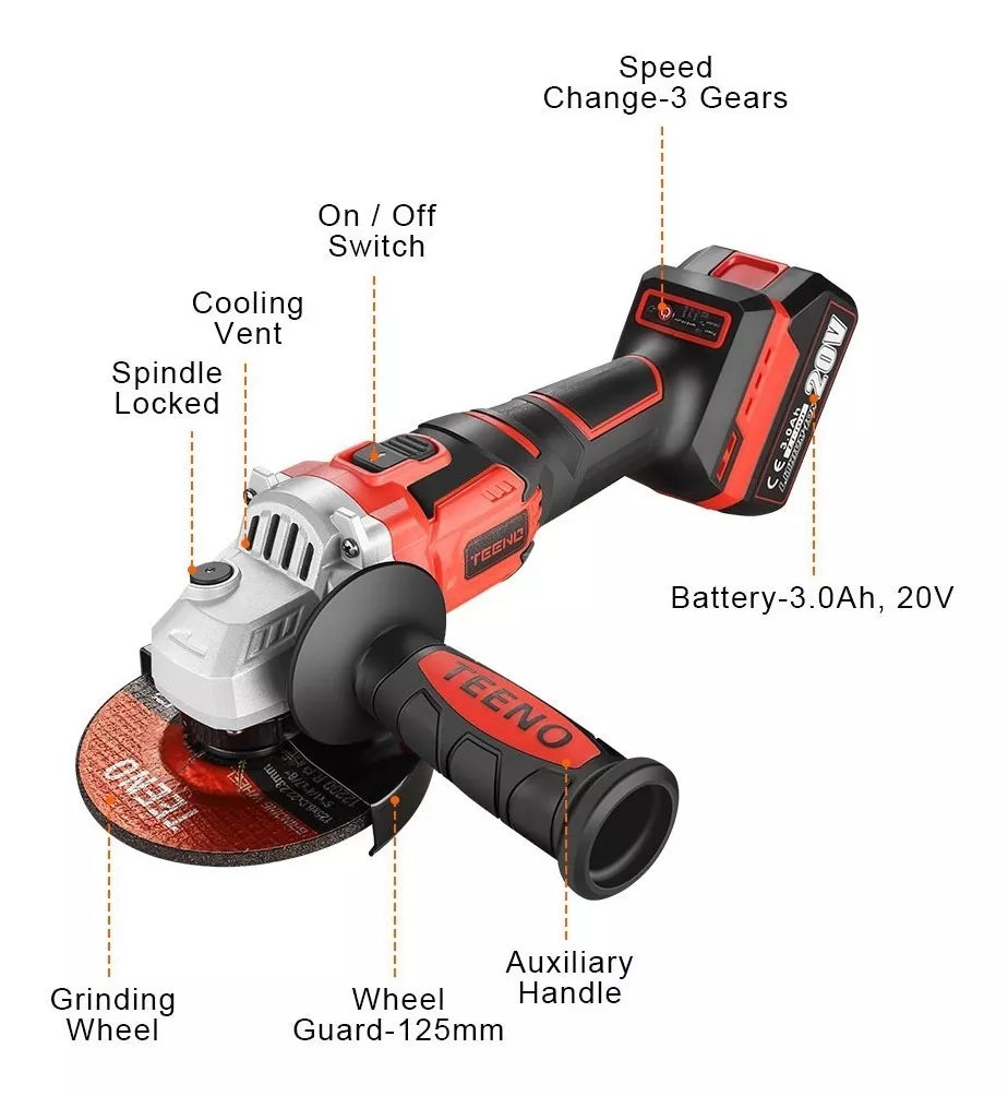 Esmeril Angular Inalambrico 3ah Teeno Jm-2231 5pulgada 20v