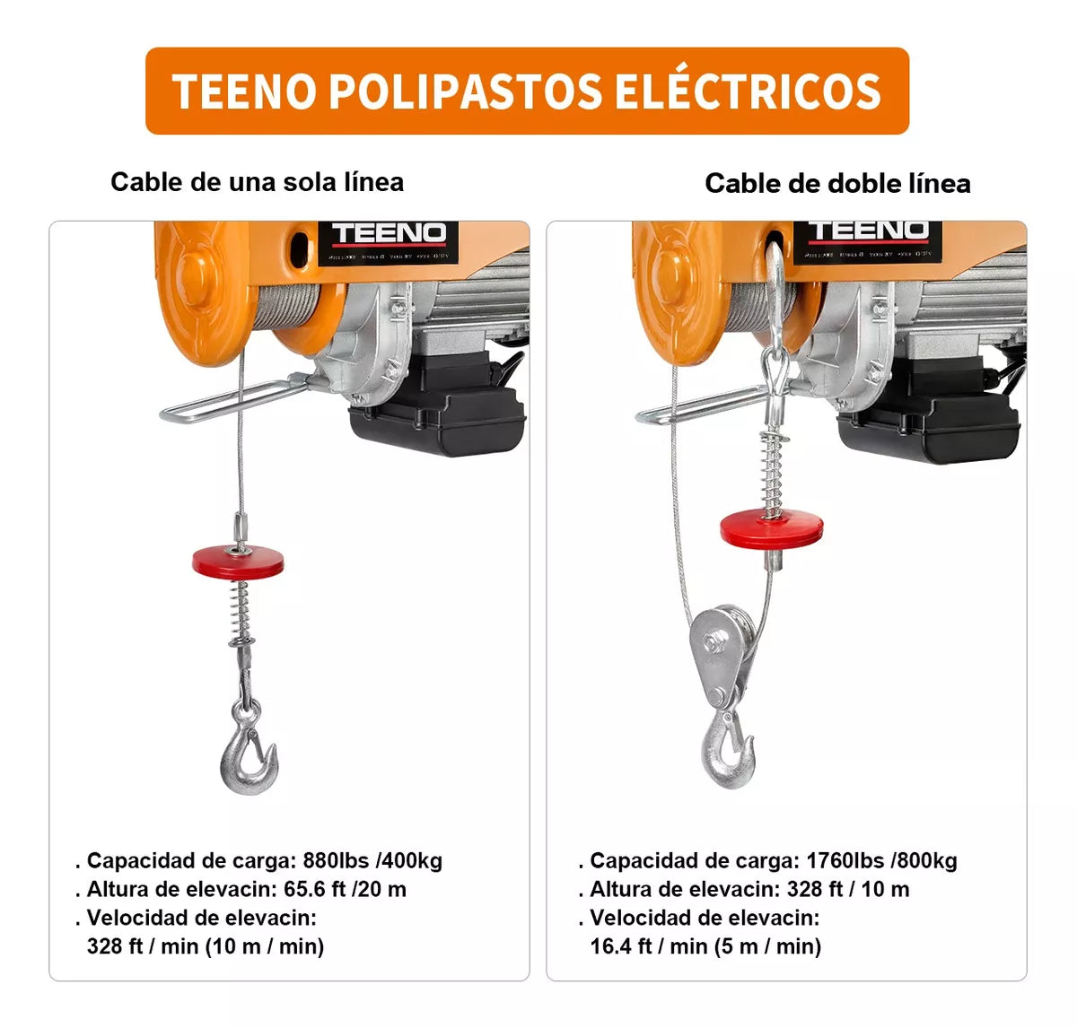 Polipasto Eléctrico Teeno De Carga De 400/800kg, 20 M, 110v