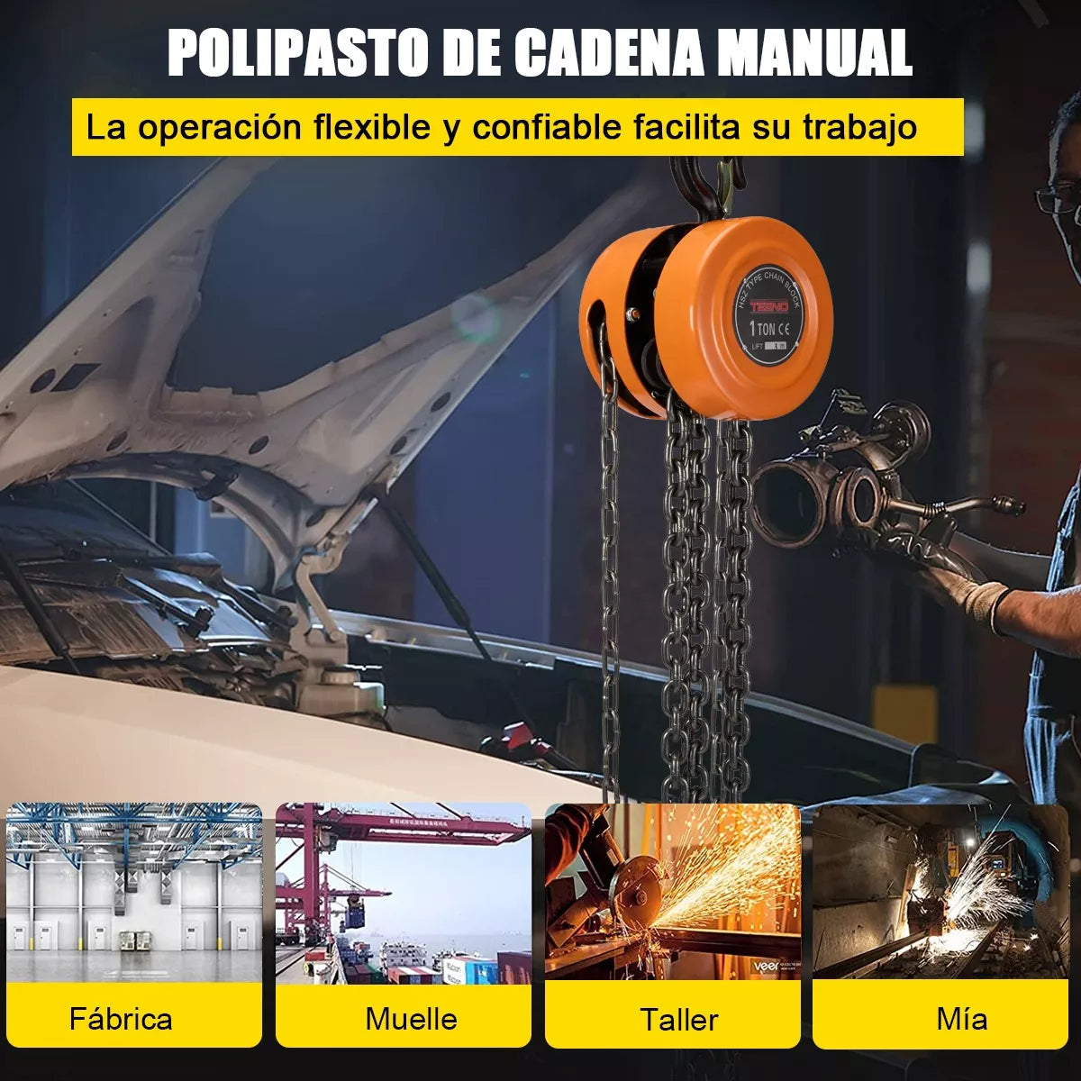 Polipasto Con 3 M Cadena 1 Toneladas High Power Teeno