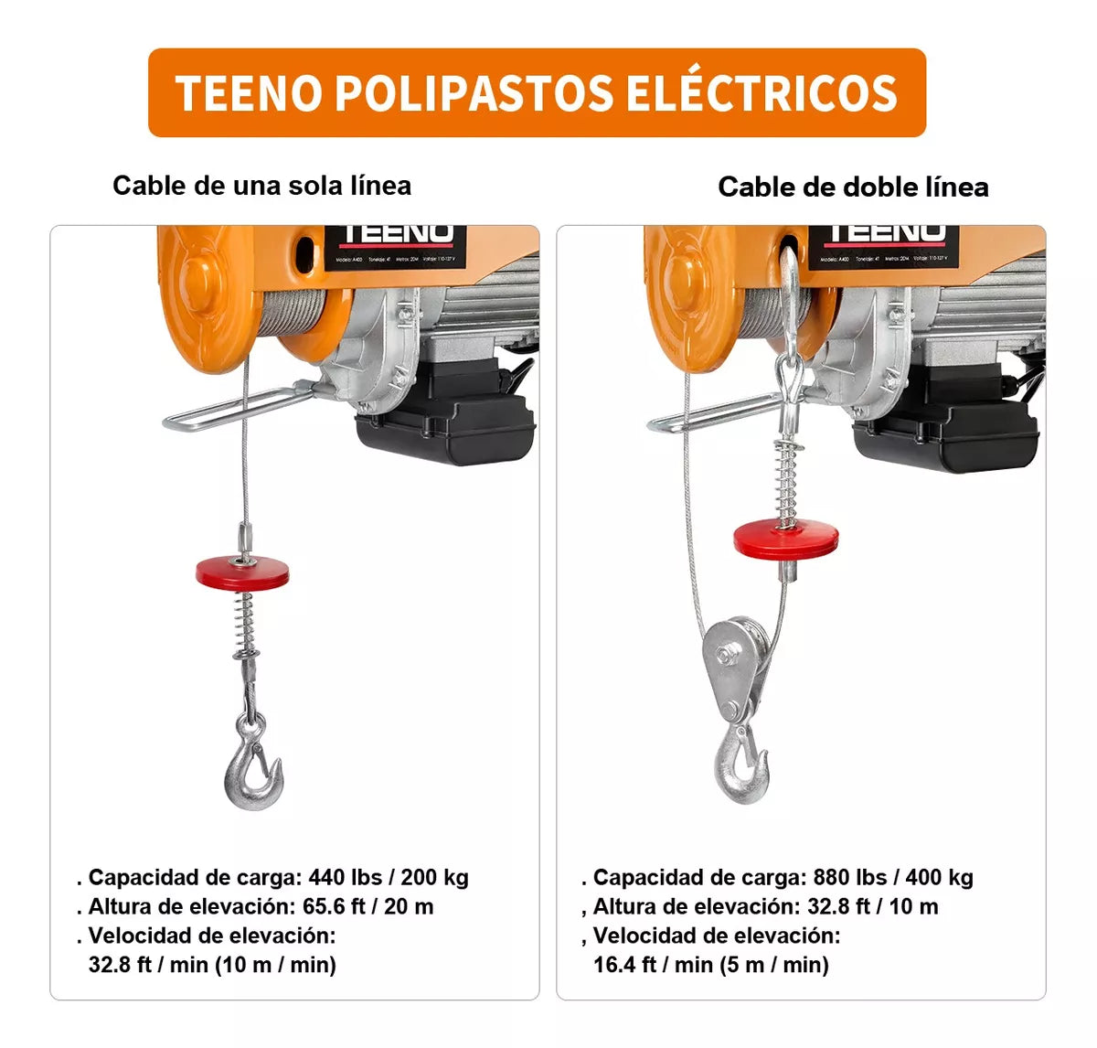 Polipasto Eléctrico Teeno De Carga De 400 Kilos, 12 M, 110v