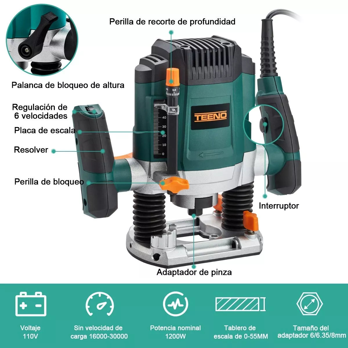 Router Teeno 60085 1200w 110v Con 12 Accesorios